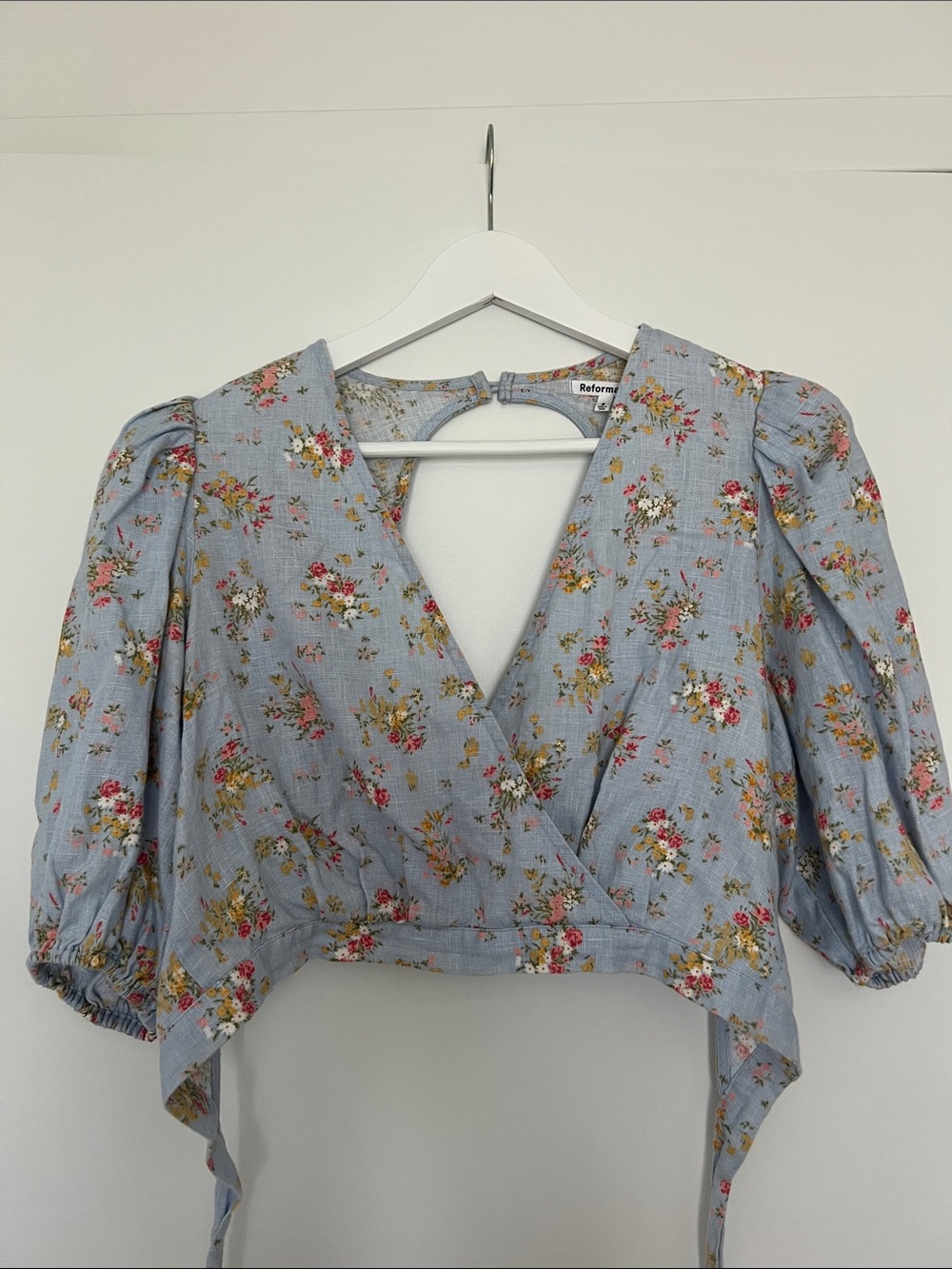 Reformation Powder Blue Floral Wrap Crop Blouse